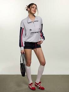 Rina Fox Women's Casual Everyday Commute Fashion Street Sporty Letter Print Contrast Striped Side Dropped Shoulder Loose Half-Zip Collared Sweatshirt, Spring/Autumn - Grey - View 6