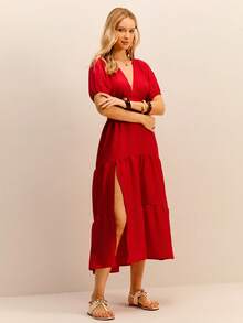 Daynim Plunging Neck Cut Out Waist Ruffle Hem Dress - Red - View 7