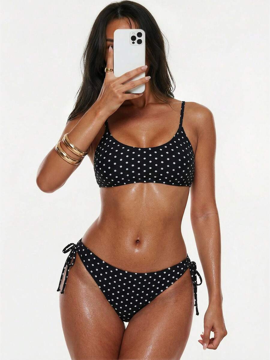 Swim Basics 两件套波点系带女士夏季泳装套装,新款性感挂脖系带低腰泳裤,黑白波点比基尼套装,夏季波点泳衣,女士两件套泳装,保守比基尼套装 - 黑與白 - 查看 1