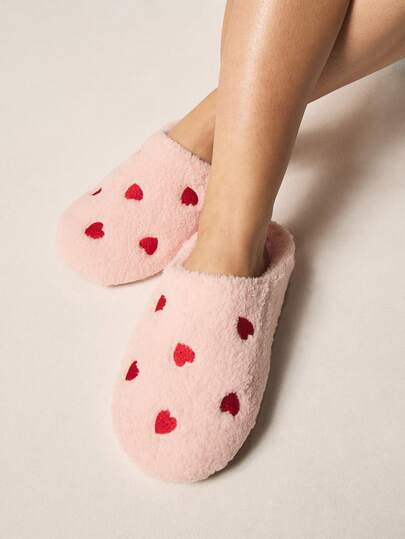 MISSGUIDED Plush Heart Print Home Slippers Cozy Fuzzy Indoor House Shoes Soft Comfortable Slip On Bedroom Footwear Warm Winter Valentine