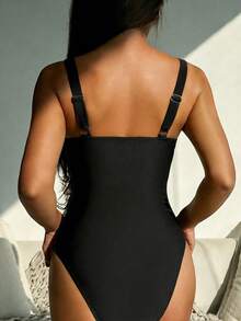 SHEIN Swim 女士纯色褶皱连体泳衣，适合春夏海滩度假 - 黑色 - 查看 2