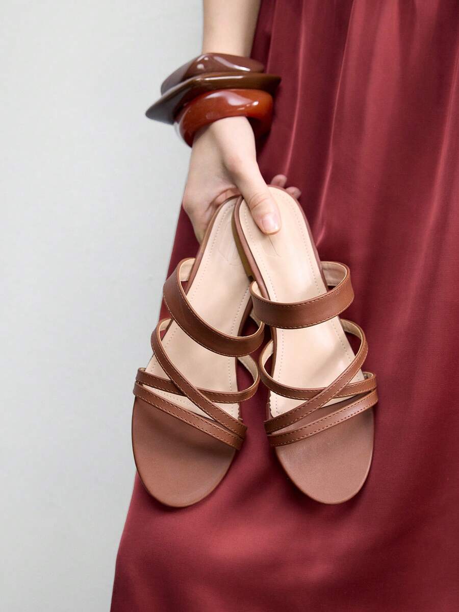 CUCCOO BIZCHIC Ladies Fashion Strip Round Toe Casual Flat Sandals Slippers - Brown - View 1