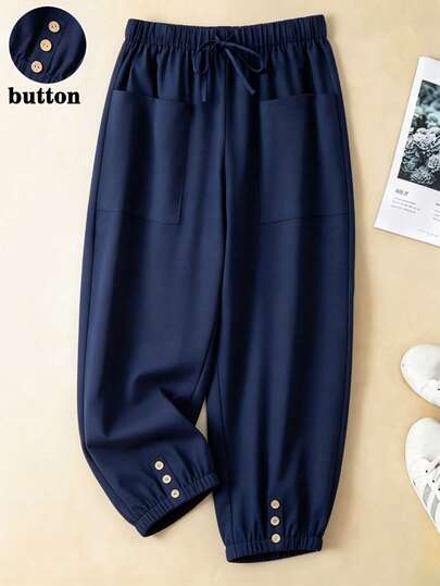 SHEIN LUNE CURVE Plus Size Loose Casual Pants With Drawstring Waist, Plus Size Pockets And Wooden Button Decor Button Details Pants Cropped Pants Women Loose Pants For Women Blue Pants Women Baggy Pants Women