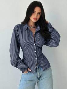 Firerie 女士蓝白条纹长袖衬衫，系带腰身，休闲通勤衬衫，度假衬衫，收腰条纹衬衫，适合春、夏、秋、冬四季穿着，优雅，度假风，波西米亚风，工作装 - 藏蓝色 - 查看 6