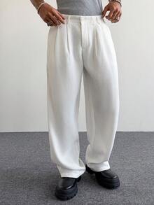 PAVTROS 男士纯色休闲裤，简约日常男士西装裤，高端新款设计，垂坠感西装裤，设计师款时尚休闲黑色简约商务裤，宽松直筒休闲裤，男士褶裥西装裤，宽松正装裤，男士褶裥裤，宽松裤，阔腿裤，新年礼物 - 白色 - 查看 1