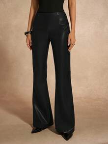 Olia Maree 复古修身低腰喇叭裤，PU材质，显瘦办公服 - 黑色 - 查看 7