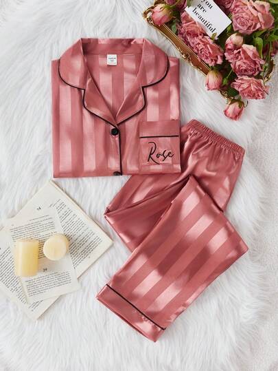 Elegant High-End Girls Pajamas, Tween Girls Minimalist Dark Pink Striped Long Sleeve Cardigan And Long Pants 2 Pieces Sleepwear Set Satin Pajamas Set