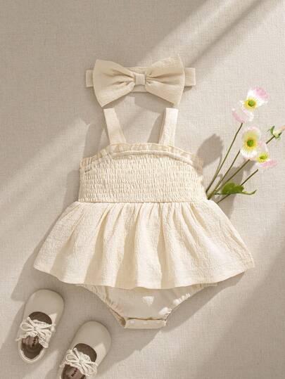 Souflis Souflis French Style Newborn Baby Girls' Solid Beige Color Strap Romper With Cute Bow Headband, Sweet And Fashionable For Home, Outings, And Various Occasions