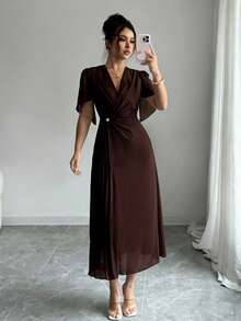 Rafferiza Solid Color Chiffon Fashionable Cinched Waist Elegant Pleated Dress - Brown - View 5