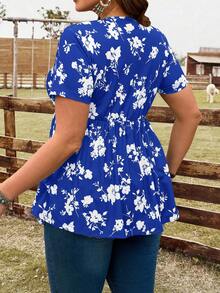 EMERY ROSE Plus Size Women Floral Print Notch Neck Short Sleeve T-Shirt, Vacation, Boho Bohemian Summer - Royal Blue - View 2