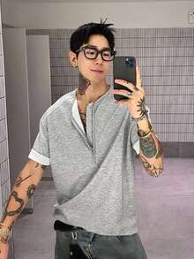 DAZY 男士灰色圆领半拉链短袖T恤，夏季款 - 灰色 - 查看 3