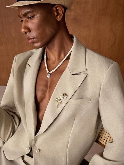 AKNOTIC Business Casual Bộ 2 món đồ nam dệt kim dáng rộng thoải mái gồm áo khoác dài tay và quần ống đứng, trang phục công sở màu be cho nam, bộ vest vải lanh cho nam, bộ vest quần màu kem cho nam.