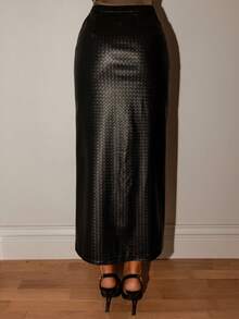 Bris Aura 优质女士纯色编织风格皮革高腰修身铅笔裙，装饰性腰带扣，优雅通勤商务休闲女士，办公室警笛，西装风格，适合夏季/秋季 - 黑色 - 查看 2