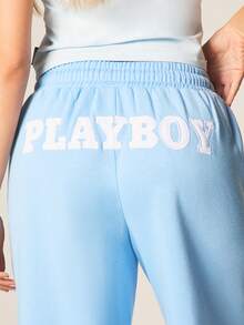 Missguided x Playboy 宽松阔腿慢跑裤，配有抽绳腰带和印花图案，休闲舒适 - 藍色 - 查看 6