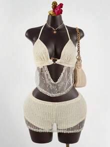SaltGleam SaltGleam Bộ đồ 2 món gợi cảm dành cho nữ, gồm áo croptop cổ yếm phối lưới màu mơ và chân váy cạp thấp. - Màu be - Xem 1