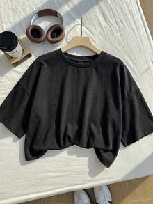 Comfortcana Áo thun ngắn tay cổ tròn dáng suông, thích hợp cho mùa hè, áo thun crop top tay lửng, áo crop top đen, áo crop top dáng rộng, áo thun crop top, áo thun dáng rộng cho nữ, áo ngắn tay nữ, áo kiểu mới nhất cho nữ, áo thun ngắn cho nữ, áo cotton nữ. - màu đen - Xem 5