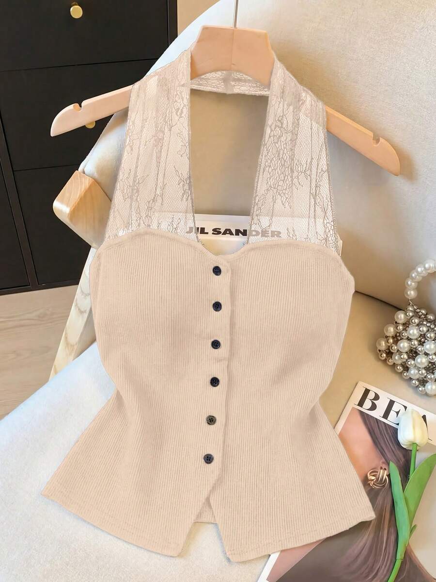 GlowEve Áo kiểu nữ màu đen trơn, chất liệu lụa băng, phối ren, thiết kế khoét eo phía sau, cài cúc phía trước, thanh lịch và cao cấp, thích hợp làm quà sinh nhật, hẹn hò, dự tiệc, ngày Valentine, lễ hội, lễ Phục sinh, ngày động, du lịch, bộ sưu tập xuân/hè mới, thiết kế thời trang độc đáo, áo không tay ôm dáng đa năng. - Màu be - Xem 1