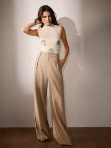 Anewsta Elegant Sheer High Neck Tank Top With Beading Embroidery, Versatile Elastic Waist - White - View 3