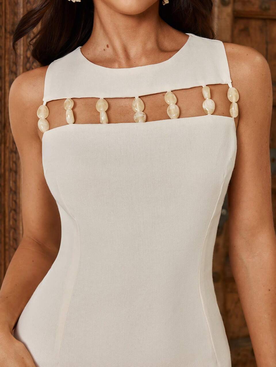 Enchnt Women's Off-White Summer Casual Vacation Holiday Linen Beaded Decor Hollow Out Sleeveless White Short Dress, Sweet&Elegant Party
