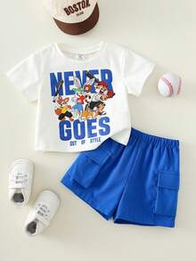 2pcs/Set Baby Boy Summer Cute Casual Knit Cartoon Rabbit Print Short Sleeve T-Shirt And Relaxed Shorts Set Baby Boy Summer Outfit Blue Shorts - Multicolor - View 2
