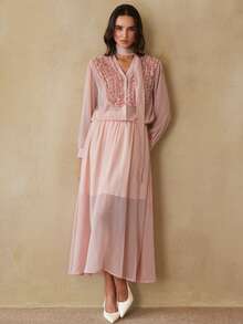 BELROSIE Elegant Women's Chiffon Crinkle Fabric V-Neck Frill Trim Loose Belted Blouse Paired With Elastic Waist A-Line Skirt, 2 Pieces Set - Pink - View 4