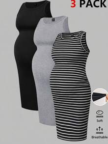 Modmama Maternity Solid Color + Striped Print Fitted Sleeveless Dress - Black - View 14