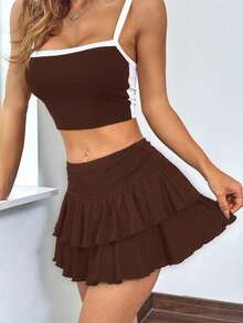 SHEIN EZwear Women's Black Double Layer Ruffle Hem A-Line Short Skirt For Summer Brown Two Piece Set Layered Tiered Mini Bathing Suit Swim - Mocha Brown - View 6