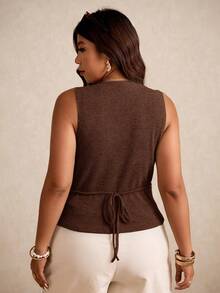 Elaquor Plus Size Vintage Shell Decor Ribbed V-Neck Tank Top, Summer - Brown - View 2