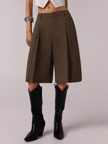 SHEIN PETITE CURVE Women's Minimalist Bermuda Shorts, Gray, Suitable For Commuting, Spring - Brown - View 3
