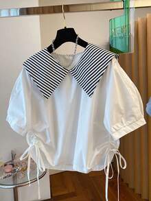 Resyla 大码女式条纹拼接短袖侧抽绳休闲衬衫 - 白色 - 查看 1