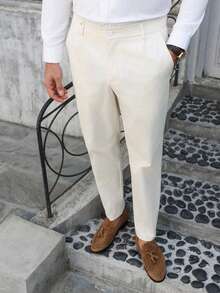 Manfinity Mode Men's Cream White Linen Pants,Summer Business Casual Tapered Suit Pants For Wedding,Formal Ceremony,Daily Office,Commuting & Outings - Beige - View 4