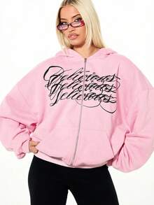 SUMWON WOMEN Oversized Zip Through Hoodie With Contrast Script Graphic Print Boxy Fit Casual Streetwear Sweatshirt - Baby Pink - View 4