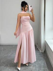 SHEIN Elenzya 新款时尚粉色高开衩连衣裙，采用不对称拼接设计，无肩带，配有飘逸的腰带，性感优雅，适合度假、浪漫约会、毕业派对、婚礼和其他场合。 - 粉色 - 查看 7