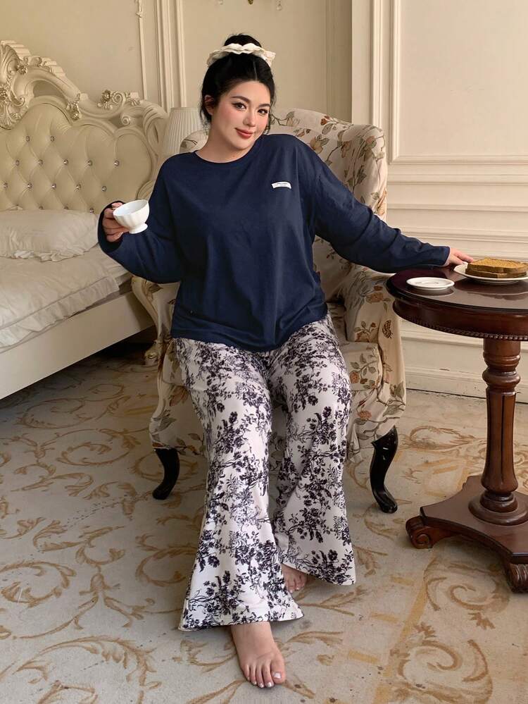 Dazy Plus 2pcs Plus Size Women Loose Casual Long Sleeve Top And Long Pants Pajama Set
