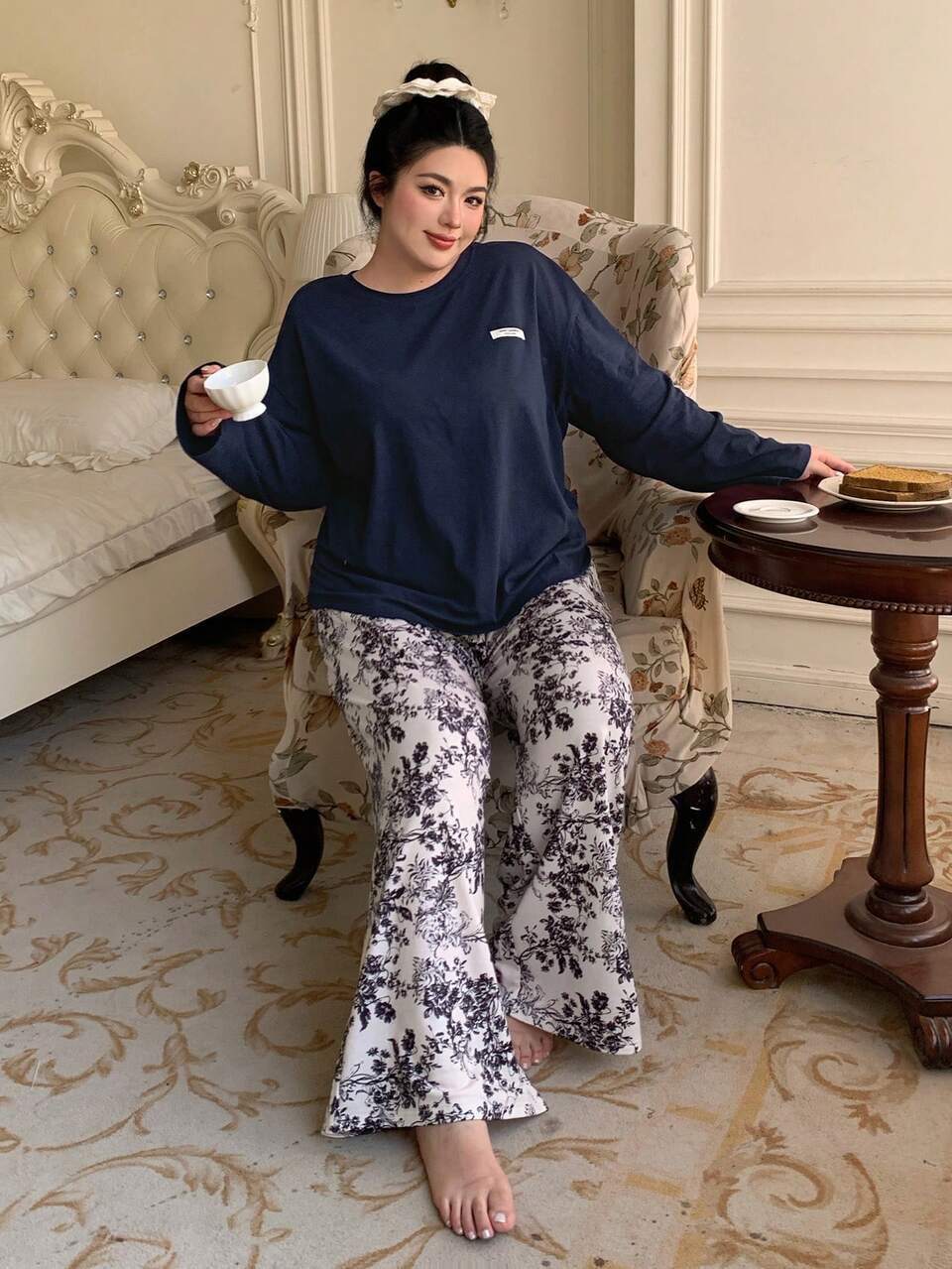 Dazy Plus 2pcs Plus Size Women Loose Casual Long Sleeve Top And Long Pants Pajama Set