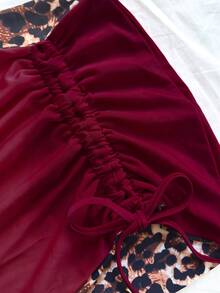 Soleia Conjunto de 3 piezas de bikini de talla grande para mujer con estampado de leopardo y contraste rojo - Burdeos - Ver 7
