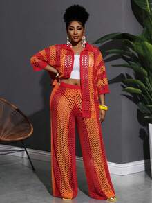 Slaydiva 新款假日休闲简约镂空衬衫领长袖开衫+阔腿裤蓝绿色针织两件套 - A - 玫瑰紅 - 查看 6