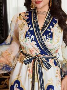 Seusyu Elegant Floral Print V-Neck Long Sleeve A-Line Plus Size Maxi ...