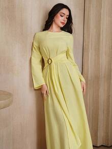 Graceveil 女士优雅搭扣褶皱腰身长袖纯色连衣裙，春秋季黄色长袖连衣裙，秋冬长袖连衣裙，女士连衣裙，正式服装，春季女士连衣裙，优雅连衣裙，新款连衣裙，女士连衣裙 - 米色 - 查看 3