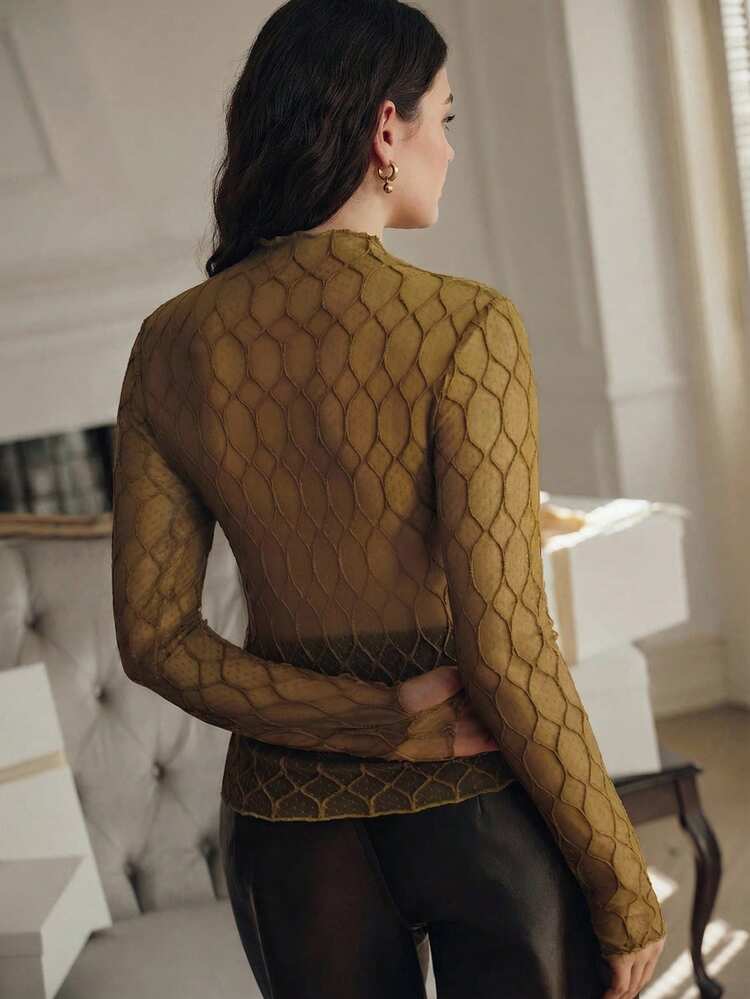 Anewsta Plus Size Fashionable Sheer Round Neck Long Sleeve Lace Mesh All-Match Versatile Elegant Slim Fit Blouse For Women, Spring/Summer