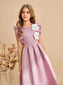 女童缎面印花优雅连衣裙，奢华童装，春夏新款少女服装 - 粉色 - 查看 7