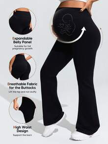 SHEIN Maternity High Waist Solid Color Flared Yoga Pants,Word Cup - Black - View 9