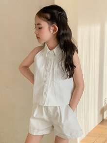 DAZY Bộ đồ mùa hè cho bé gái, kiểu dáng đơn giản, màu trơn, không tay và quần short denim rộng rãi, thích hợp đi làm hàng ngày. - trắng - Xem 6