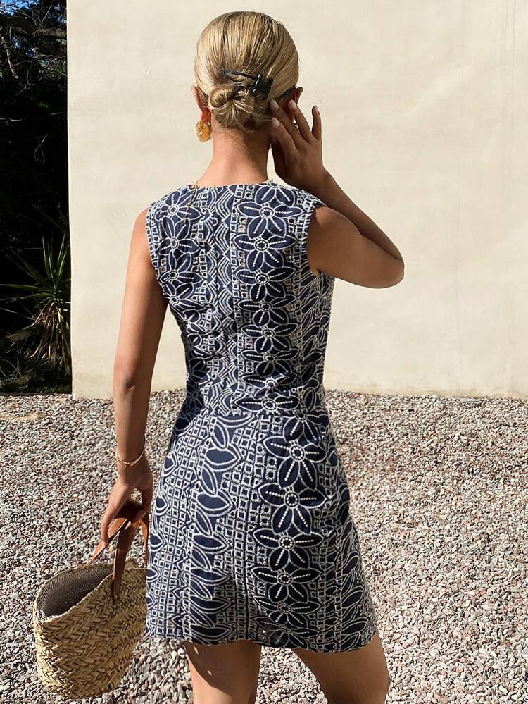 2pcs/Set Women Floral Contrast Jacquard Sleeveless V-Neck Vest And Straight Mini Skirt Elegant Vacation Outfit, Spring/Summer