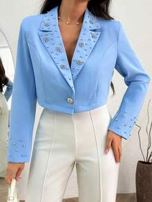 SHEIN Women Rhinestone Detailed Single Button Blazer - Baby Blue - View 1