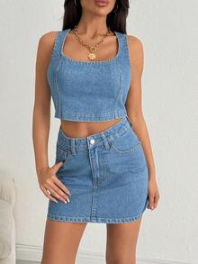 SHEIN Woman Denim Two Pieces Set Mini Skirt And Top - Medium Wash - View 7