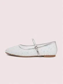CUCCOO DOLLMOD Women's Shoes Silver Mesh Embroidery Decorative Flat Bottom Mary Jane Spring Shoes - silver white - View 8