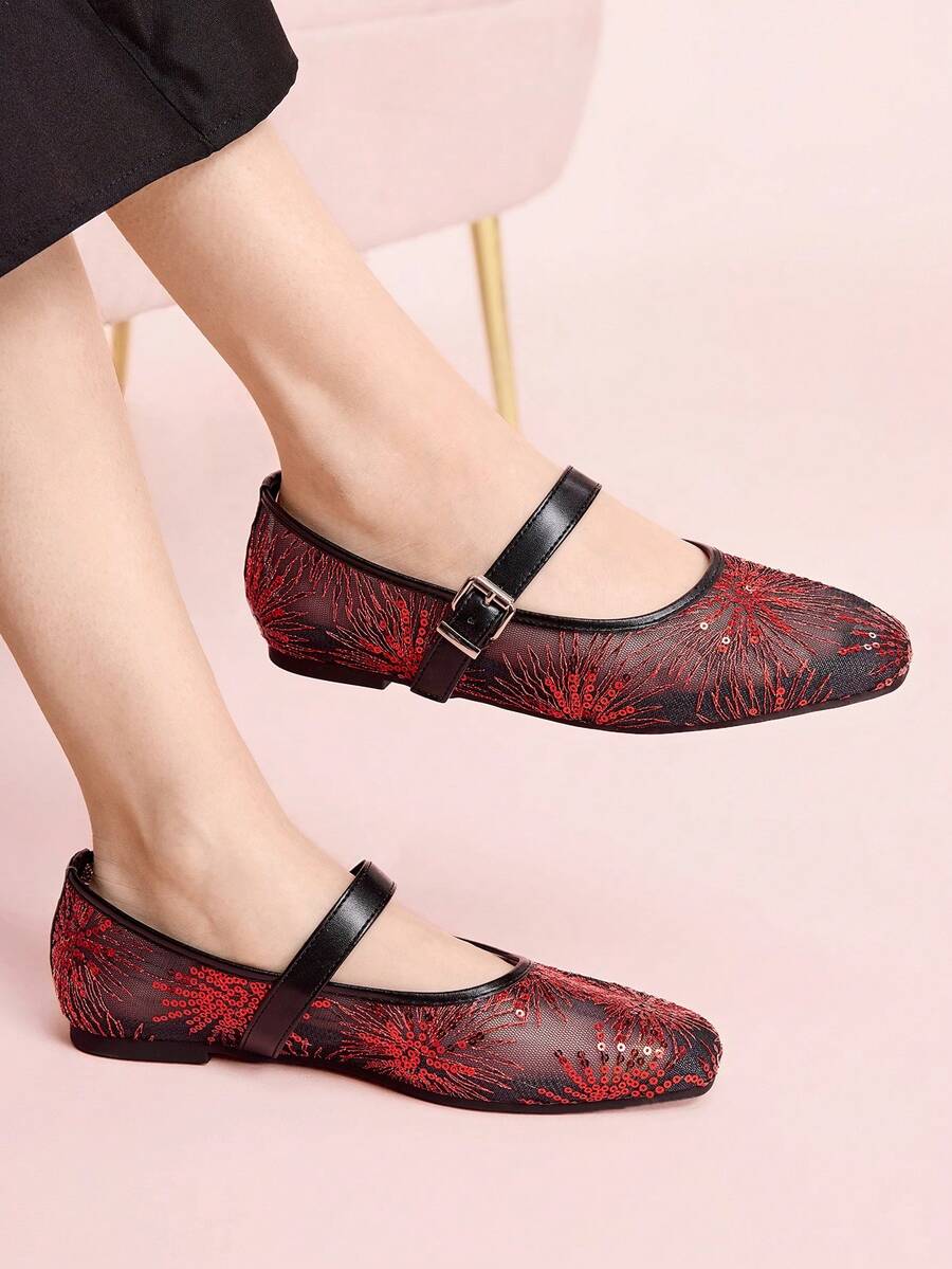CUCCOO DOLLMOD Women's Shoes Mesh Embroidery Decorative Flat Bottom Mary Jane - Rouge Casaque - View 1