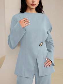 Veilorie Women's Elegant Elegant Casual Office Commute Solid Color 2 In 1 Loose Long Sleeve Shirt, Spring/Autumn - Blue - View 6