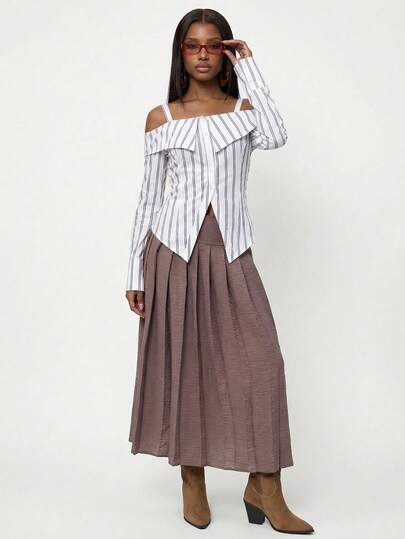 Modviera 1pc Women Off-Shoulder Striped Print Button Front Long Sleeve Top